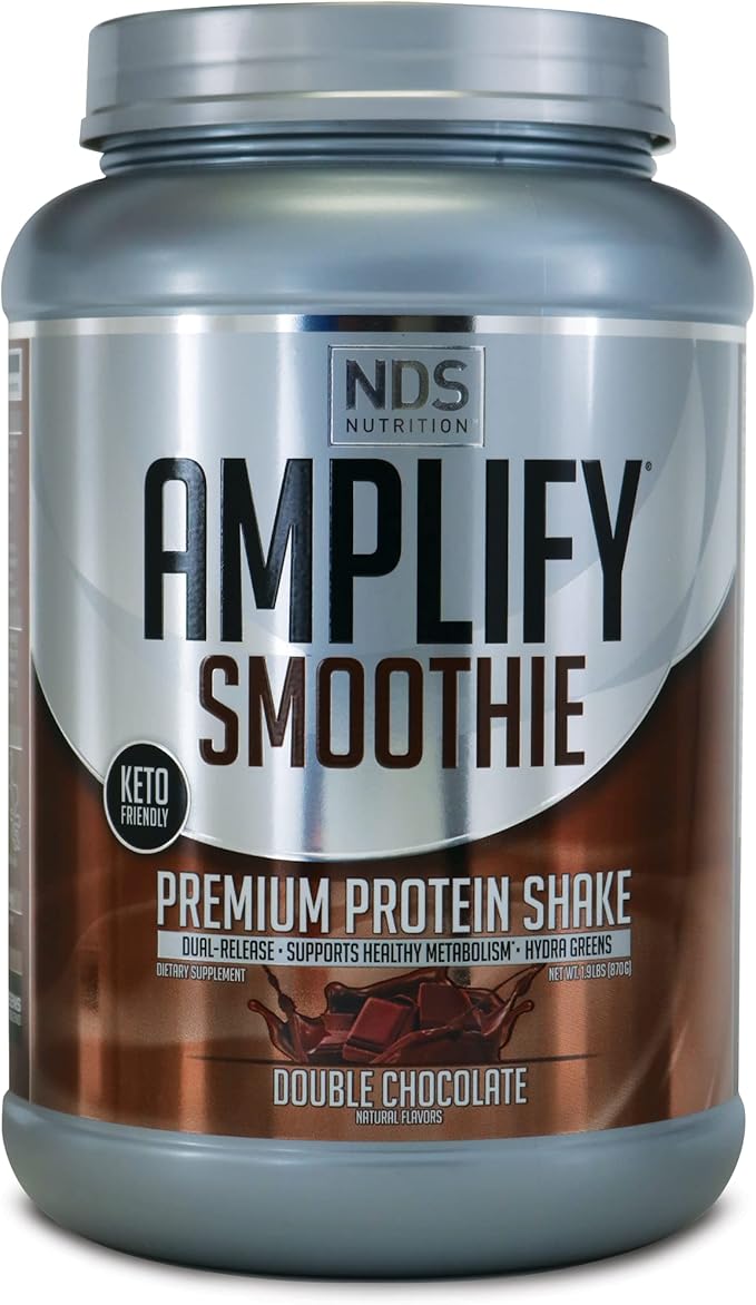 AMPLIFY NDS Nutrition Smoothie Premium Whey Protein Powder Shake with Added Greens and Amino Acids - Build Lean Muscle Gain Strength Lasting Energy and Lose Fat - Double Chocolate (30 Servings)