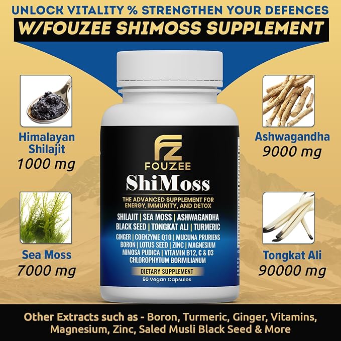 ShiMoss Supplement w/Shilajit 1000mg Sea Moss 7000mg Ashwagandha 9000mg Tongkat Ali 90000 mg Vitamin C B12 Boron Turmeric Ginger - Immunity Dietary Capsule for Men &amp Women - 90 Count