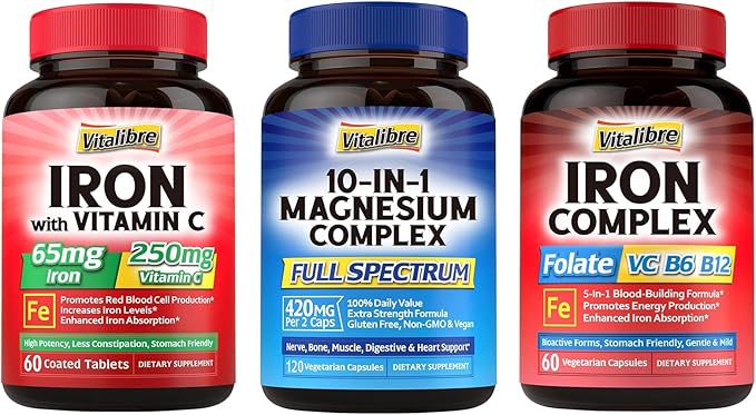 10 in 1 Magnesium Complex &amp Iron Supplement 65mg Carbonyl Iron with 250mg Vitamin C &amp 5 in 1 Iron Complex