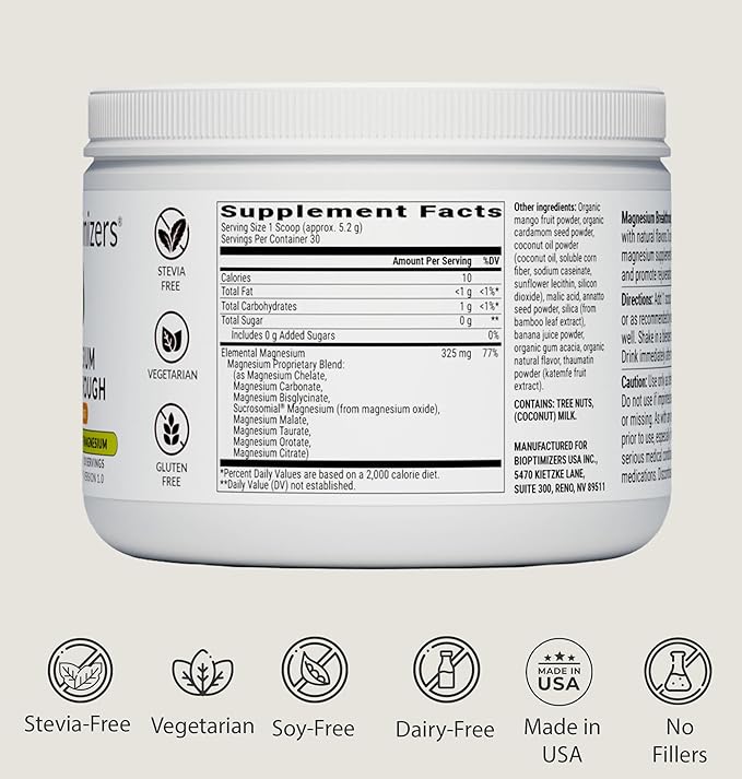 BIOptimizers Magnesium Breakthrough Drink - 8 Forms of Magnesium Electrolytes Sleep Health Stress Muscle Recovery Heart Support | Glycinate Citrate Malate- Banana Mango