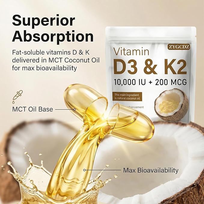 Vitamin D3 10000 IU with K2 MK-7 200 mcg Softgels 180 Count | Supports Bone Heart &amp Immune Health | Enhanced Absorption with Organic Coconut Oil Non-GMO Easy to Swallow Supplement (01)