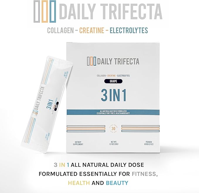 DAILY TRIFECTA 3-in-1 Collagen Creatine &amp Electrolyte Stick Packs | Type I Collagen Creatine Monohydrate Zero Sugar | 30 Natural Single-Serve Packets | Strength Hydration &amp Recovery (Grape