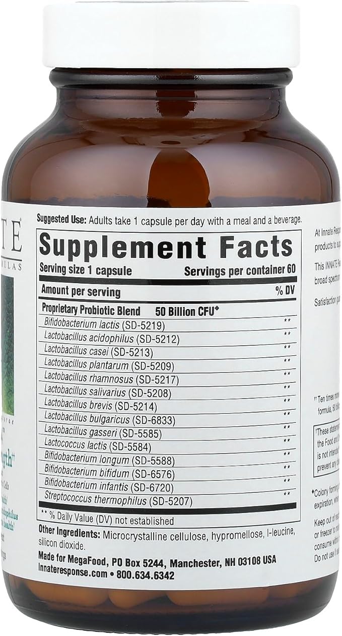 Innate Response Formulas Flora 50-14 Clinical Strength - Probiotic Supplement with 50 Billion CFU - 14 Probiotic Strains - Vegetarian and Non-GMO - Made Without 9 Food Allergens - 60 Capsules
