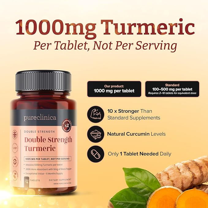 Double Strength Turmeric - Massive 1000mg x 360 Tablets - 200% more Turmeric and Natural Levels of the Potent Curcumin per Tablet - with 5mg Black Pepper Extract for 300% Increased Absorption