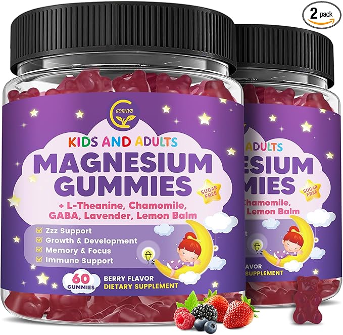 (2 Pack) Magnesium Glycinate Gummies for Kids &amp Adults Sugar Free Magnesium Glycinate 400/200mg Supplement with Chamomile Lavender L-Theanine &amp GABA B6 D3 &amp K2 for Relax Brain Immun