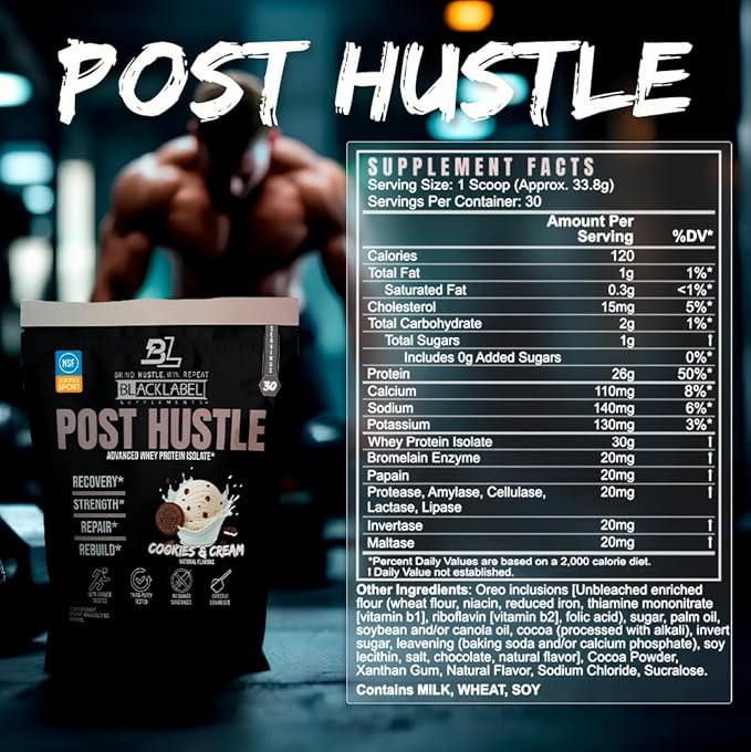 BLACKLABEL Supplements Post Hustle Post Workout Protein Powder 30 Servings – NSF Certified for Sport Whey Isolate Protein Powder with Digestive Enzymes – Cookies &amp Cream