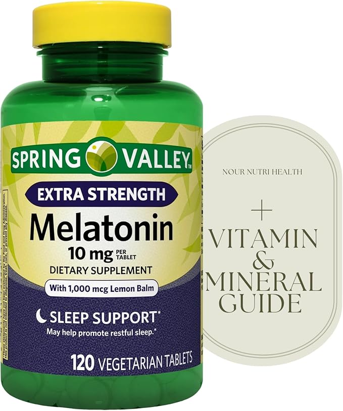 Extra Strength SPR -ing Valle Melatonin Tablets Dietary Supplement 10 mg 120 Count + Vitamin Guide Included and Sticker