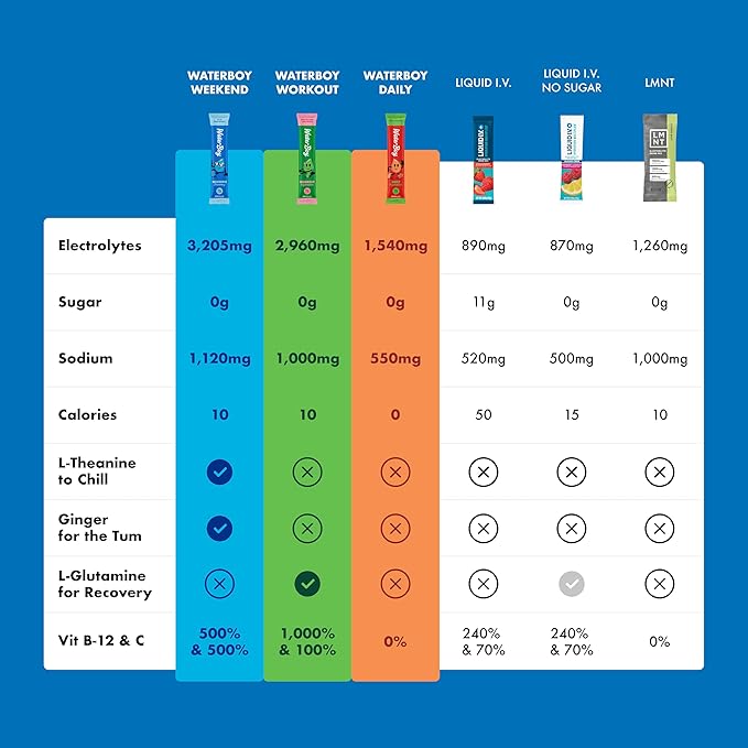 Waterboy Hydration Recovery Variety | 4-9x Electrolyte Powder Packets | Ginger + L-Theanine + L-Glutamine + Vitamins | No Sugar All Natural Gluten Free | 12 Drink Stick Mixes (Variety Pack)