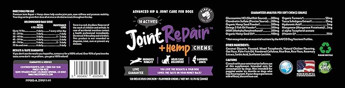 Joint Repair Dog Joint Supplement with Glucosamine for Dogs Chondroitin Omega 3 MSM Hemp &amp Turmeric. Supports Hip &amp Joint Health Mobility &amp New Cartilage. 120 Chicken Flavor Chews Ma