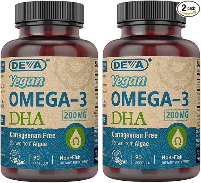 DEVA Vegan Omega-3 DHA Supplement Once-Per-Day Softgel 200 MG Carrageenan Free Gelatin Free Non-Fish Algae Oil Omega-3 Fatty Acids - 90 Softgels (Pack of 2)