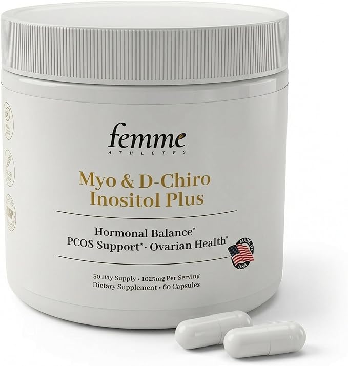 FemmeAthletes Myo Inositol &amp D Chiro Inositol 40:1 Ratio Capsules for Women – PCOS Supplement Hormone &amp Cycle Support Ovarian &amp Fertility Support – 1000mg Myo + 25mg Caronositol® – 60 Ve