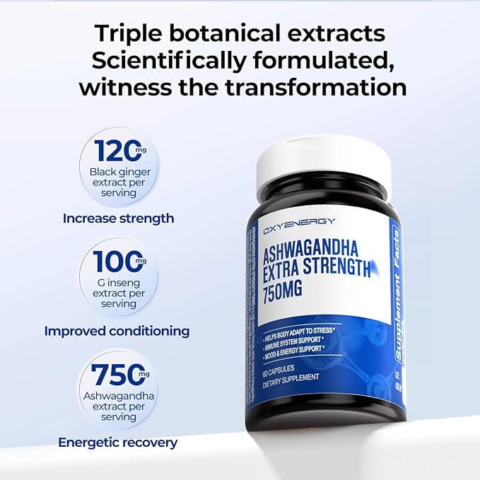 OxyEnergy Ashwagandha Capsules-750 mg Ashwagandha Extract-Stress ReliefNatural CalmMood Support &amp Energy Support-VeganNon-GMOGluten-Free-60 Counts