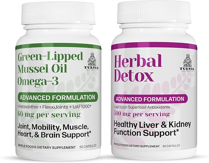 TURNER New Zealand Omega-3 Green Lipped Mussel Oil 53x Higher Potency for Superior Joint Comfort &amp Mobility No Fishy Aftertaste 1 Bottle 60 Softgels Plus 1 Bottle of Herbal Detox
