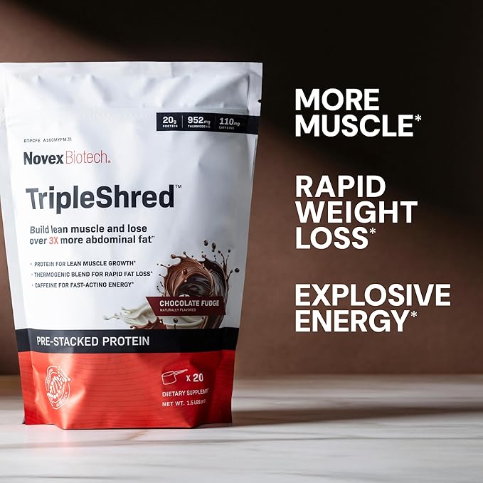 Novex Biotech TripleShred Protein Powder – Lean Muscle &amp Metabolism Support with Thermogenic Blend Caffeine Green Tea &amp Coffee Bean – Weight Management Formula Chocolate Fudge 20 Servings