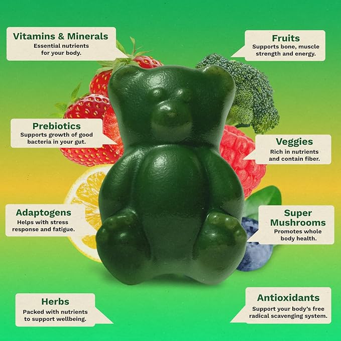 Gruns Adult Super Greens Multivitamin Gummies Superfood Gummy Vitamins for Women and Men with Spirulina Chlorella Adaptogens &amp Prebiotic Fiber for Digestive Health (28 Count) (Pack of 2)