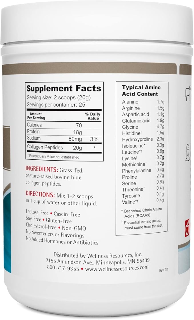 Wellness Resources Collagen Peptides - Pasture Raised Grass Fed 100% Collagen Protein - Hydrolyzed Type I and III Collagen Peptides Powder Unflavored (500 Grams/ 17.6 Ounces)