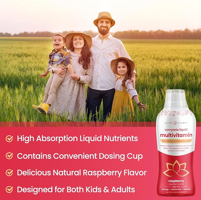 Liquid Multivitamin for Women Men &amp Kids | Sugar Free Liquid Vitamins | Vitamin A B C D E K Biotin Zinc Magnesium | Energy Beauty Immune Support Supplement | Vegan Natural Raspberry