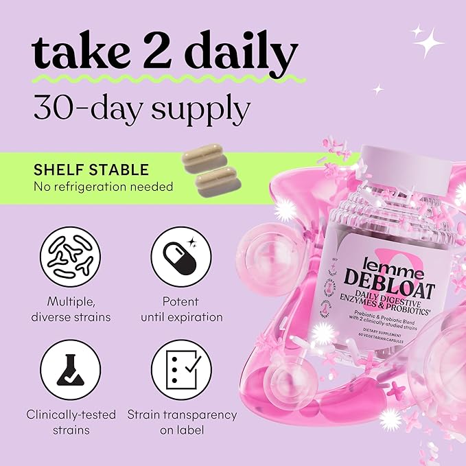 Lemme Debloat 3-in-1 Prebiotic Probiotic &amp Digestive Enzyme Capsules for Bloating &amp Gas Relief - 2 Clinically Studied Probiotics w/5 Digestive Enzymes to Improve Digestion Women &amp Men (