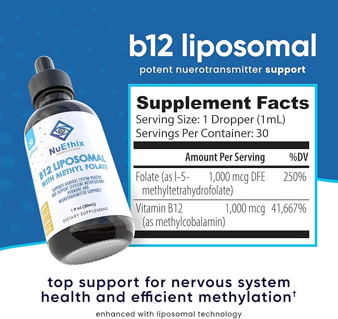 NuEthix Formulations B12 Liposomal with Methyl Folate Dietary Supplement Bioactive B Vitamins to Support an Optimal Metabolism 1 Fluid Ounce 30 Servings