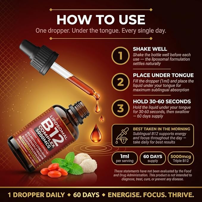 Liposomal B12 Triple Active Complex 5000mcg Liquid Drops Methylcobalamin B12 with Folate Liposomal Liquid Formula Easy Daily Use