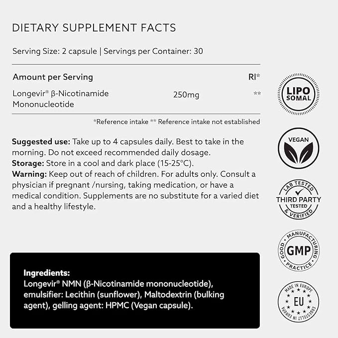 PUROVITALIS Liposomal NMN 250mg Longevir Nicotinamide Mononucleotide Supplement NAD+ Boost for Cellular Health Energy &amp Healthy Aging 1-Month Supply (60 Vegan Capsules)