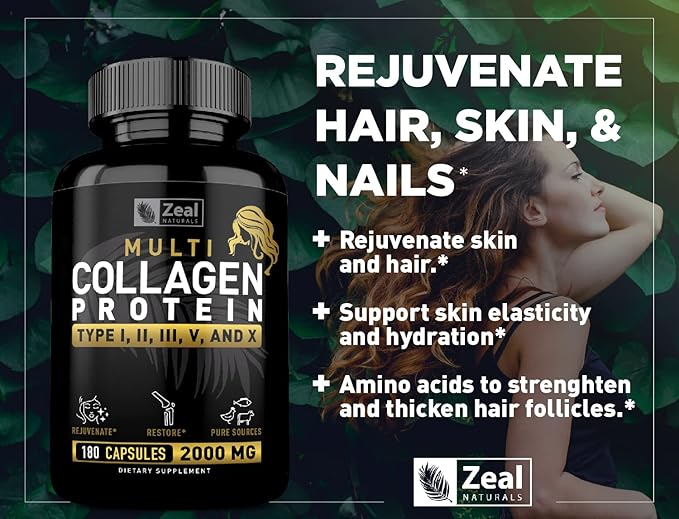 Multi Collagen Peptides Pills (Types ⅠⅡⅢⅤⅩ) Grass Fed Collagen Pills (180 Capsules) - Hydrolysate Collagen Protein Blend for Hair Skin Nails and Joint Support - Collagen Pills for Women