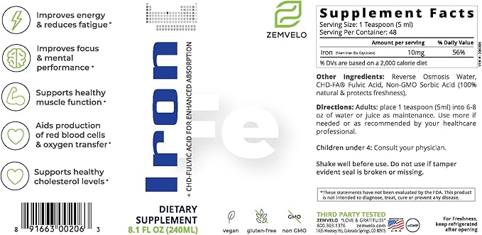 Liquid Ionic Iron Supplement | Iron Deficiency | Hormone Support | Energy Support | Encourage Healthy Muscles