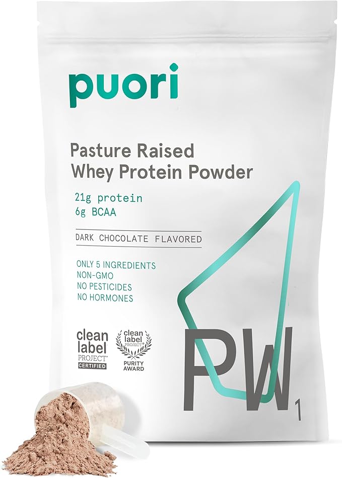 Puori Whey Protein Powder Dark Chocolate - PW1 Pasture-Raised Grass-Fed Whey Protein Powder Drink Mix containing BCAA Amino Acids - Post-Workout Supplement for Muscle Gain &amp Recovery - 30 Servin
