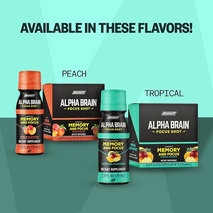 ONNIT Alpha Brain Focus Shot Peach Flavor Nootropic Dietary Supplement Drink that Supports Energy Focus and Mood IGEN™ Non-GMO Tested 2.5 fl oz 6 Count