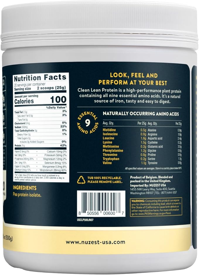 Nuzest Vegan Pea Protein Powder - Clean Lean Protein 20 Servings 20g Protein Unflavored Protein Shake Mix + Sports Shaker Bottle 24oz
