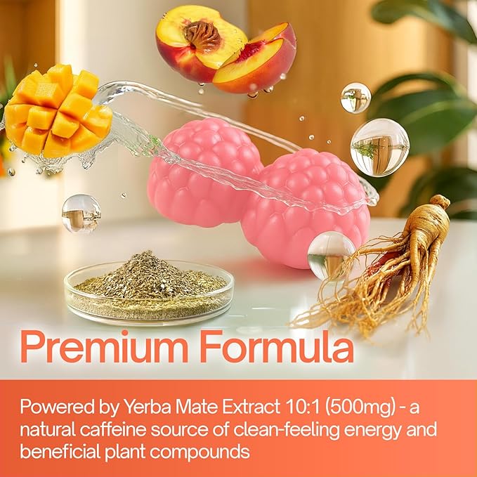 60 Yerba Mate Gummies - Formulated with L-Theanine Rhodiola Rosea Ginseng Choline B12 – Peach Mango Flavor – Vegan Gluten-Free Non-GMO