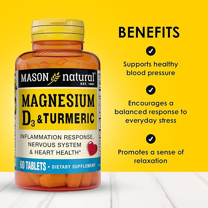 MASON NATURAL Magnesium &amp Vitamin D3 with Turmeric 180Day Supply Dietary Supplement for Daily Wellness Support 60 Tablets (Pack of 3)