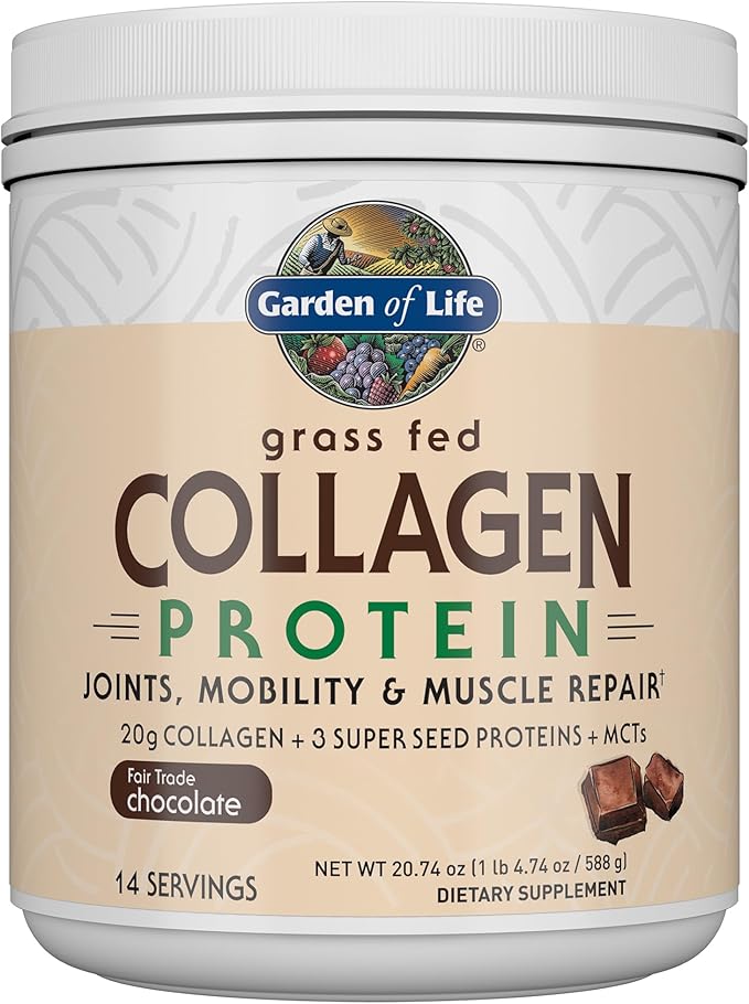 Garden of Life Grass Fed Collagen Protein Powder - Chocolate 14 Servings Powder for Joints Mobility Muscle Repair Collagen Peptides + Super Seeds + Coconut MCTs Keto Supplement