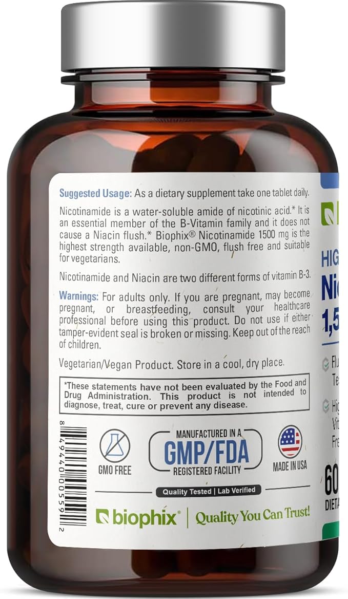 biophix B-3 Nicotinamide 1500 mg 60 Tablets Maximum Strength - Nicotinic Amide Niacin Natural Flush-Free Vitamin Formula - Supports Skin Cell Health