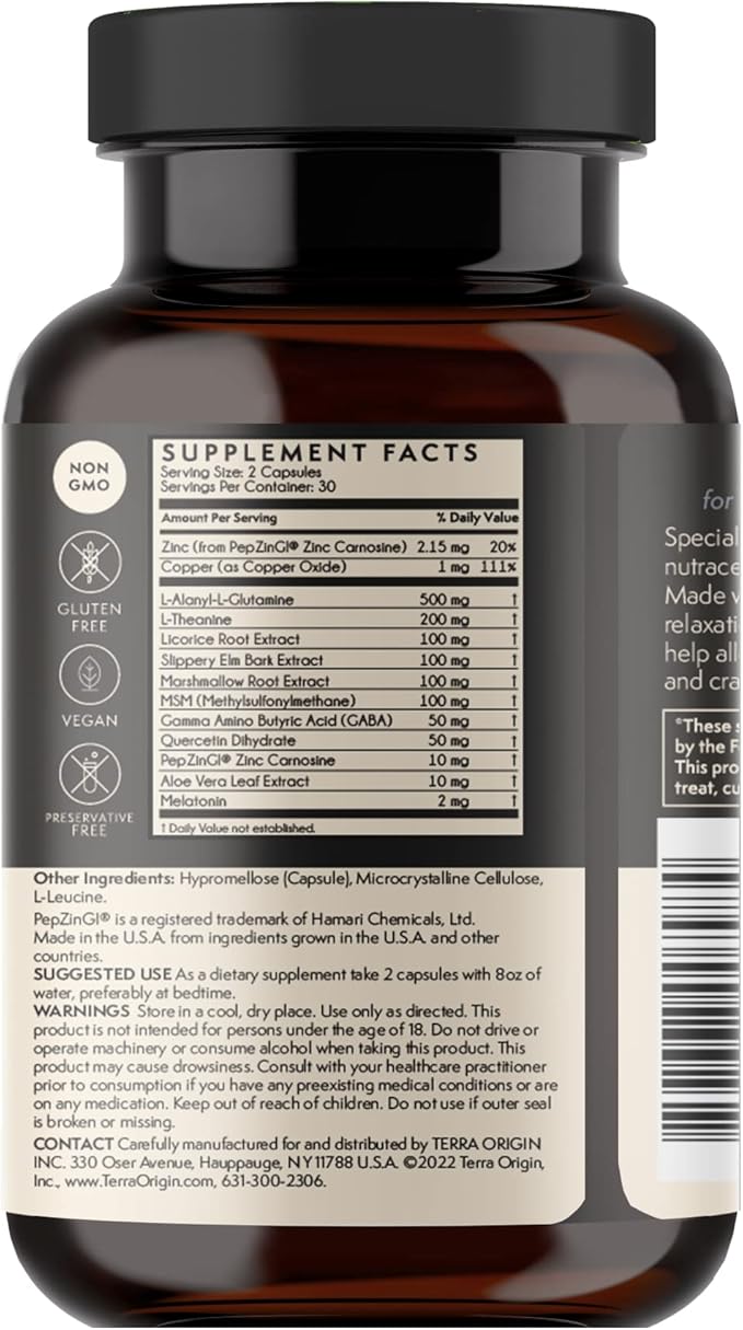 TERRA ORIGIN Healthy Gut Reset PM | 60 Veggie Capsules | Natural Sleep Aid Supplement for Sleep &amp Wake Cycles | GABA L-Theanine Melatonin L-Glutamine Licorice Root Slippery Elm Root