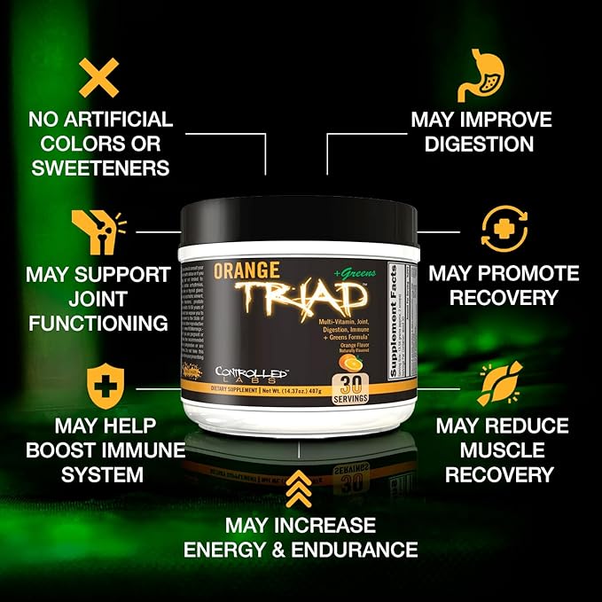 CONTROLLED LABS Orange Triad Plus Greens for Men and Women 30 Servings Iron Free Sports Supplement for Overall Health Multivitamin Digestion Immune System and Joint Health