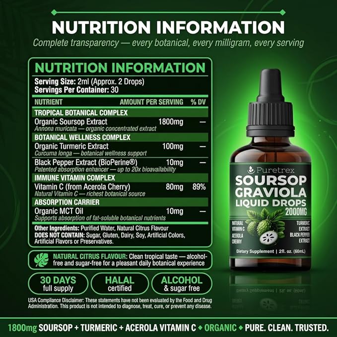 Soursop Graviola Liquid Drops 2000mg with Acerola Cherry Turmeric Extract and Black Pepper Extract 60mL (2 fl oz)