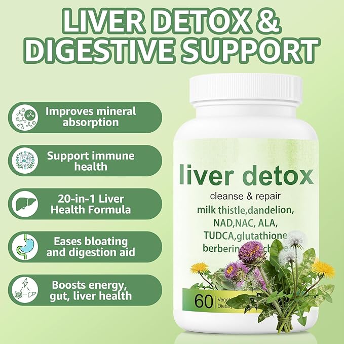 Liver Detox Capsules - 20-in-1 Herbal Formula with Milk Thistle Dandelion Turmeric &amp Artichoke Leaf for Liver Support and Digestive Balance - Non-GMO Gluten-Free (60 Count)