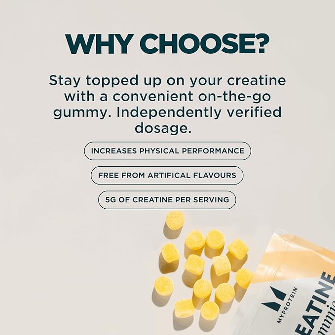 Myprotein Creatine Gummies 5g Creatine Monohydrate per Serving Lemon 90 Count 18 Servings Chewable Post/Pre Workout Strength &amp Recovery Sports Nutrition Supplement Vegan Non-GMO