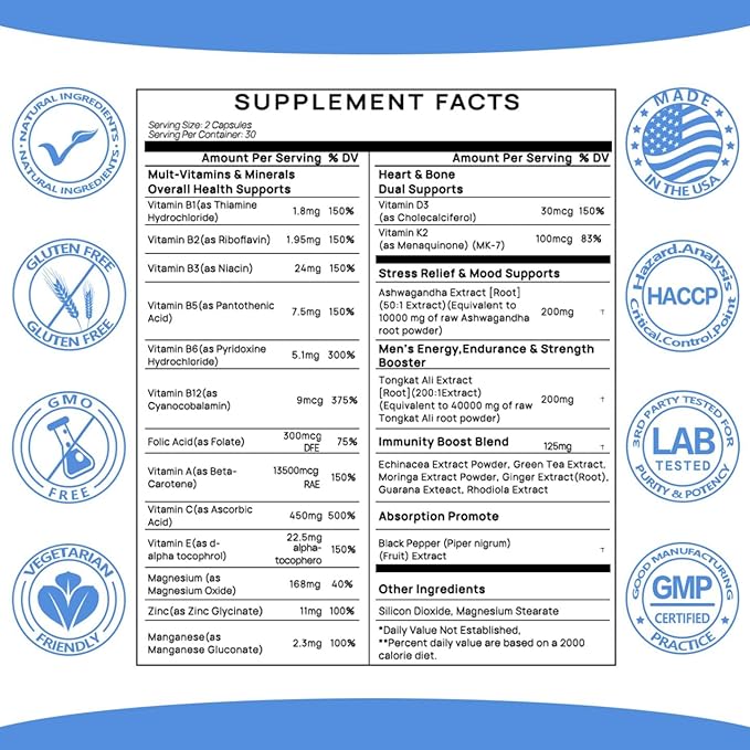 Ashwagandha 10000mg Tongkat Ali 40000mg Supplement with Multivitamin D3 K2 - Men's Health &amp Stress Mood Energy Endurance Support - Ashwagandha Capsules Tongkat Ali for Men USA - 60 Count