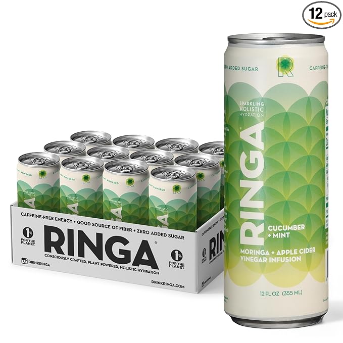 Ringa Sparkling Cucumber Mint Hydration 12 FZ Sparkling Drink Organic Moringa + Apple Cider Vinegar with 3g Prebiotic Fiber No Added Sugar Gut Health &amp Clean Hydration – 12oz Cans