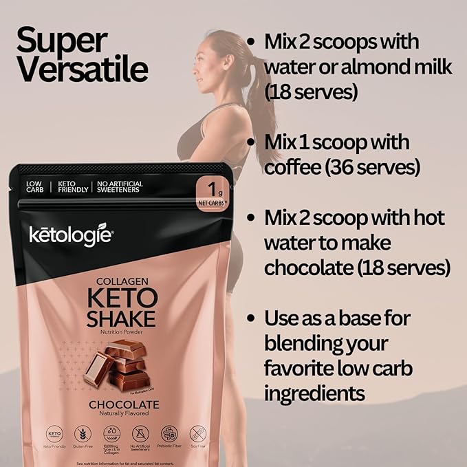 Keto Collagen Shake (Chocolate) - with Coconut Oil Prebiotics Grass Fed Hydrolyzed Collagen Peptides Type I &amp III Low Carb Gluten Free1.78lbs. (810g)