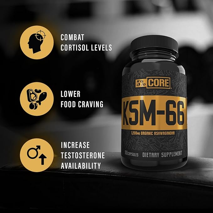 5% Nutrition Core KSM-66 Ashwagandha | 1200mg Organic Ashwagandha Root Powder Extract | High Potency 5% Withanolides (45 Servings 90 Capsules)
