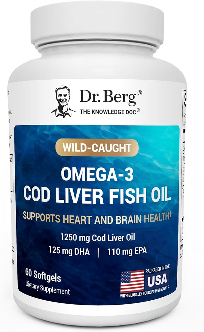 Dr. Berg Omega-3 Cod Liver Fish Oil 60 Softgels – Wild-Caught Icelandic Cod – Omega 3 EPA &amp DHA – Heart Brain Immune &amp Eye Support* – Lemon Flavor – 4X Lab-Tested – Non-GMO No Fillers