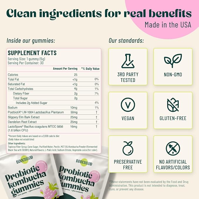 Probiotic Kombucha Gummy - Prebiotics Probiotics Postbiotics Fiber Supplement Slippery Elm Dandelion Root MCT Oil for Bloating Gut Health - Probiotics for Women and Men