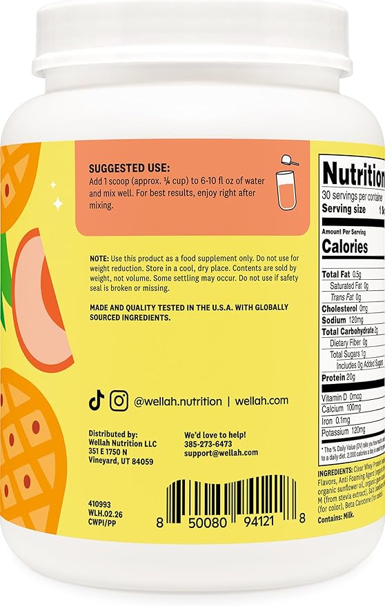 Wellah Clear Whey Protein Isolate Powder (Peach Pineapple) 30 Servings - 20g of Protein 100 Calories Sweetened with Stevia