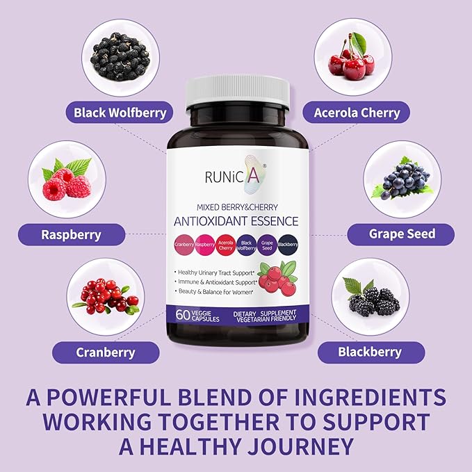 6X 6-in-1 Mixed Berry &amp Cherry Antioxidant Supplement - 6-Berry Extract for Even Skin Tone &amp Urinary Tract Health - 120 Vegan Capsules 60-Day Routine Bundle
