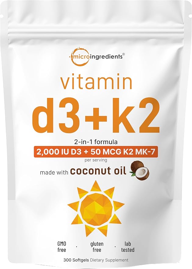Micro Ingredients Vitamin D3 2000 IU + K2 MK-7 50 mcg 300 Softgels | Virgin Coconut Oil | 2-in-1 Support | Easy to Swallow Non-GMO