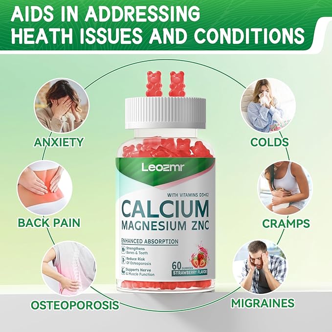Calcium Magnesium Zinc Gummies with Vitamin D3 &amp K2 - High Potency Enhanced Absorption -120 Strawberry Gummies Flavored