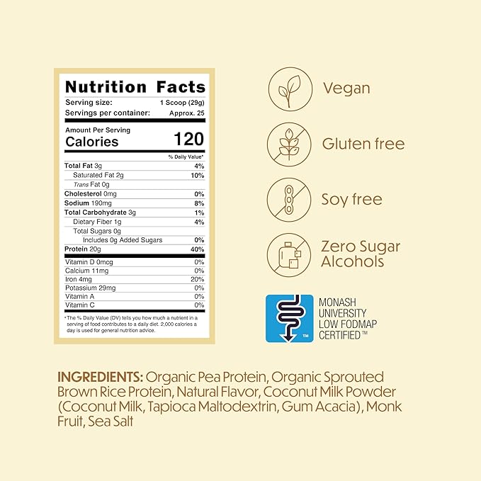 TumLove Vegan Protein Powder - Low FODMAP Certified Gluten-Free Dairy-Free Soy-Free 100% Gut-Friendly &amp Non-Bloating Vanilla (25 Servings)